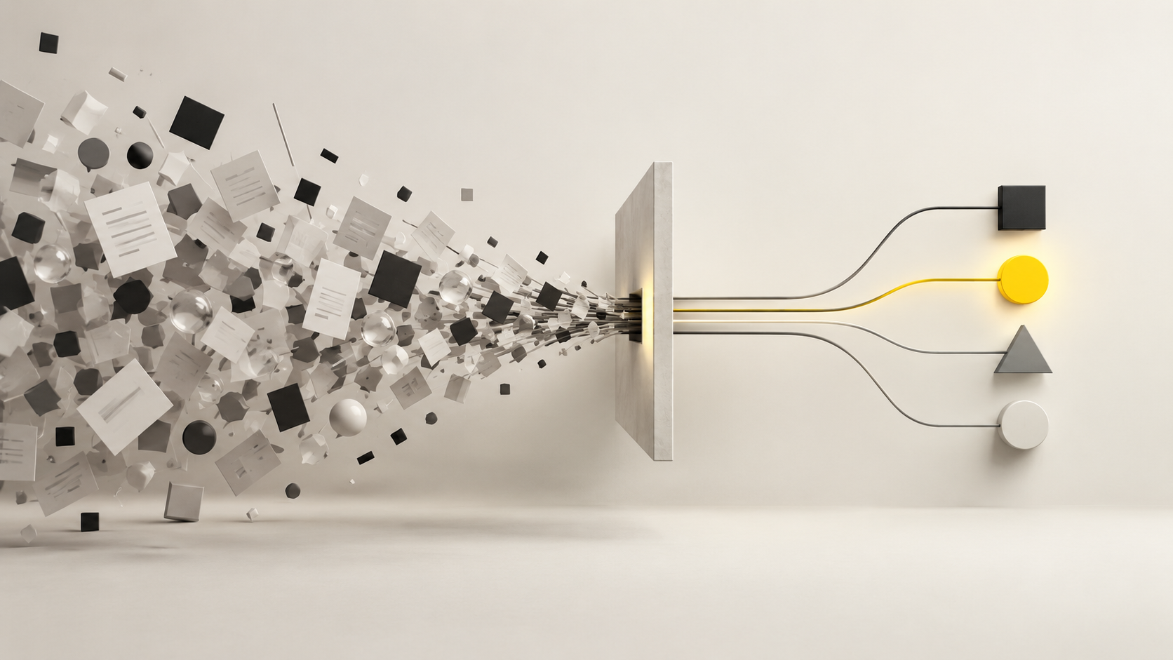 Abstract editorial illustration showing unstructured information resolving into precise decision paths, representing AI built to make software decisions rather than generate text.