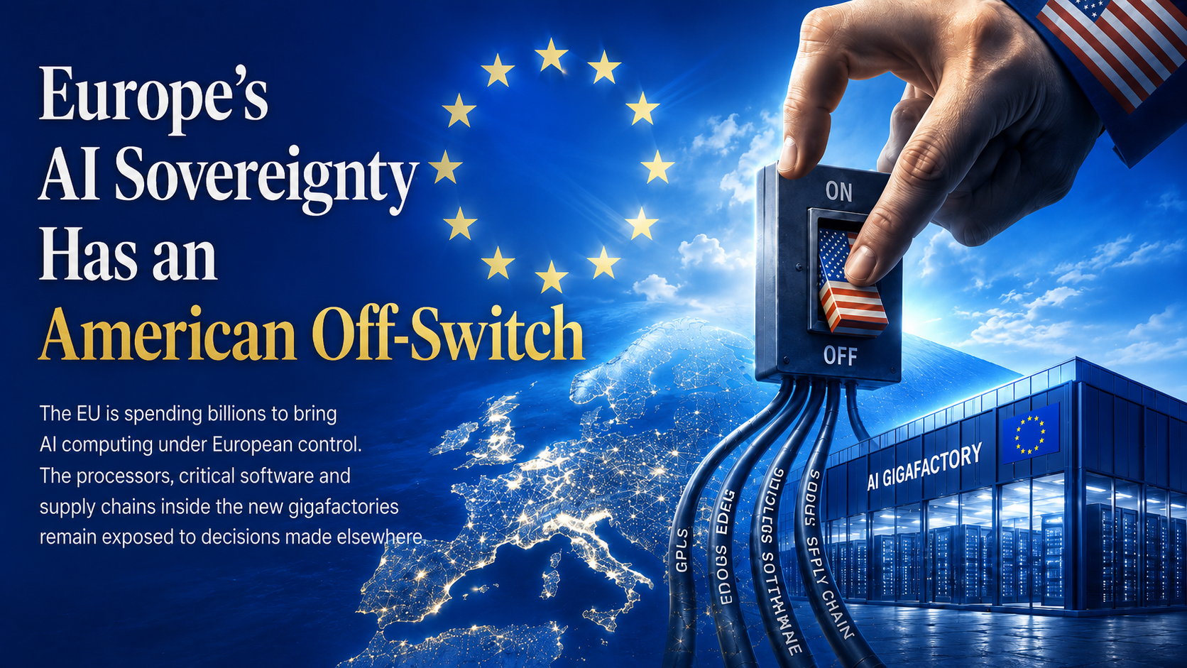 EU-blue editorial illustration showing an American hand controlling an off-switch connected to Europe’s AI gigafactory, processor supply, software tools and infrastructure.