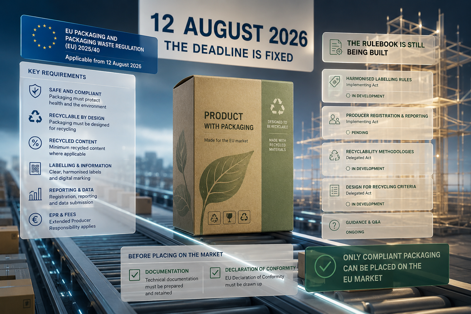 Product packaging moving through a European regulatory data system while technical rules and compliance information assemble around it.