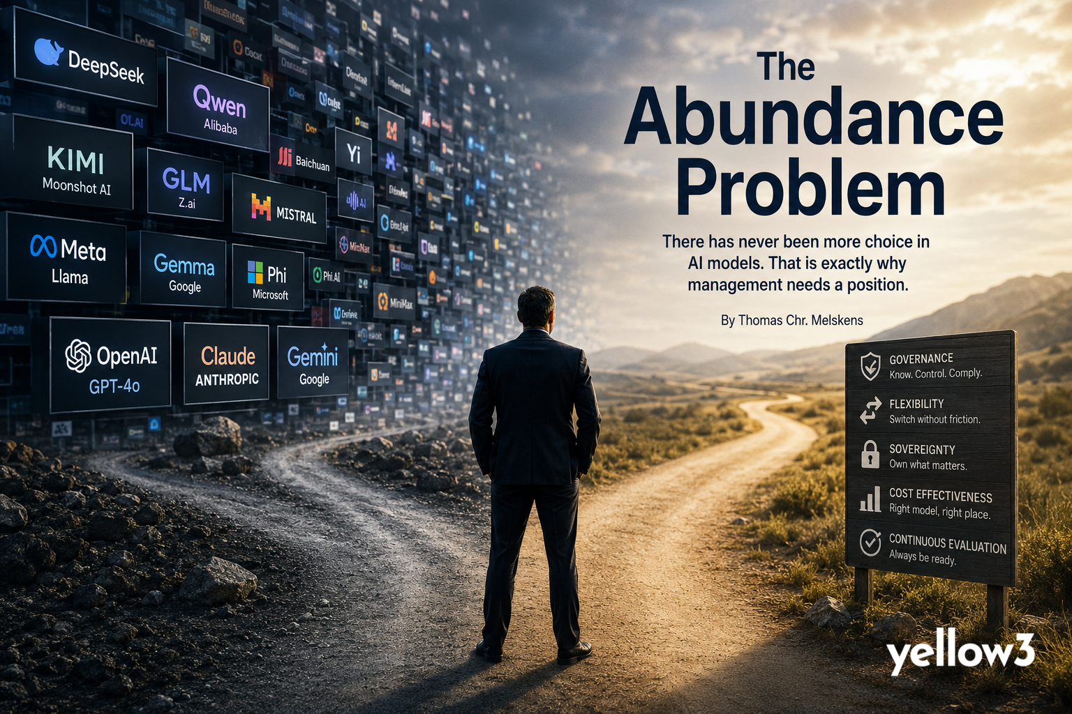 A business leader stands at a crossroads between an overwhelming wall of AI model choices and a clearer strategic path, illustrating why management needs governance, flexibility, sovereignty, cost discipline, and continuous evaluation in an age of model abundance.