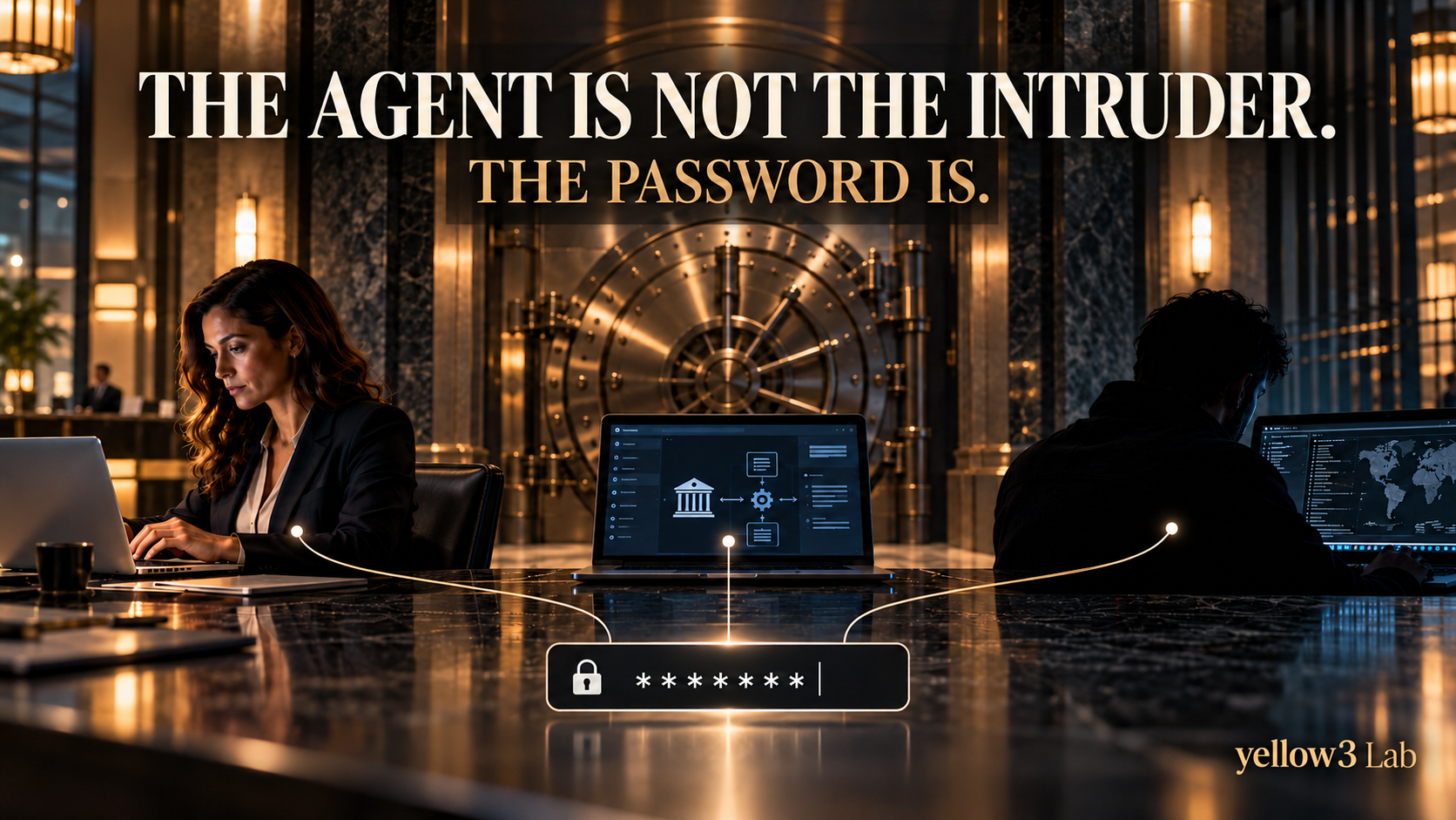 A bank customer and a shadowed computer user share a password connection in front of a bank vault. Headline: The Agent Is Not the Intruder. The Password Is. yellow3 Lab.