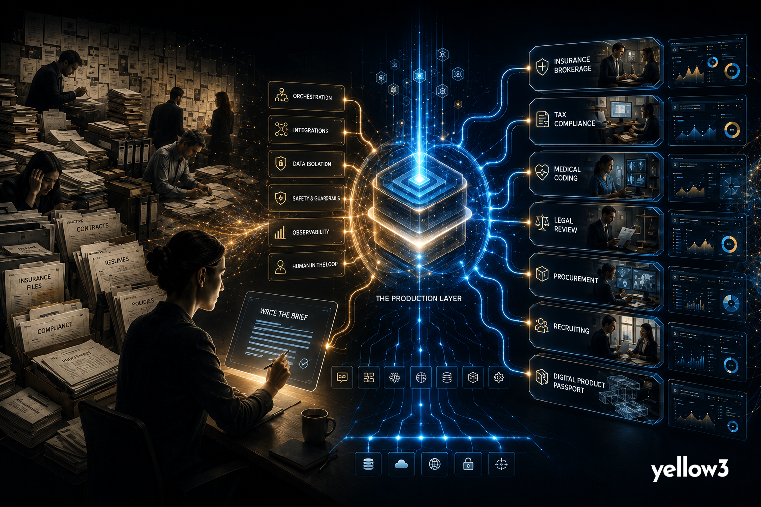 AI production layer transforming manual service work into vertical autopilot systems for insurance, tax, medical coding, legal review, procurement, recruiting, and digital product passports.