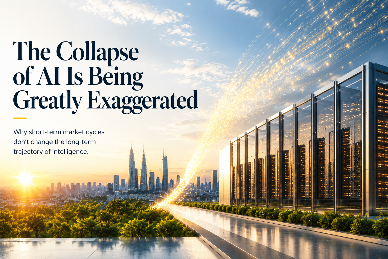 AI infrastructure at sunrise, symbolising the long-term growth of artificial intelligence beyond short-term market cycles and investment volatility.
