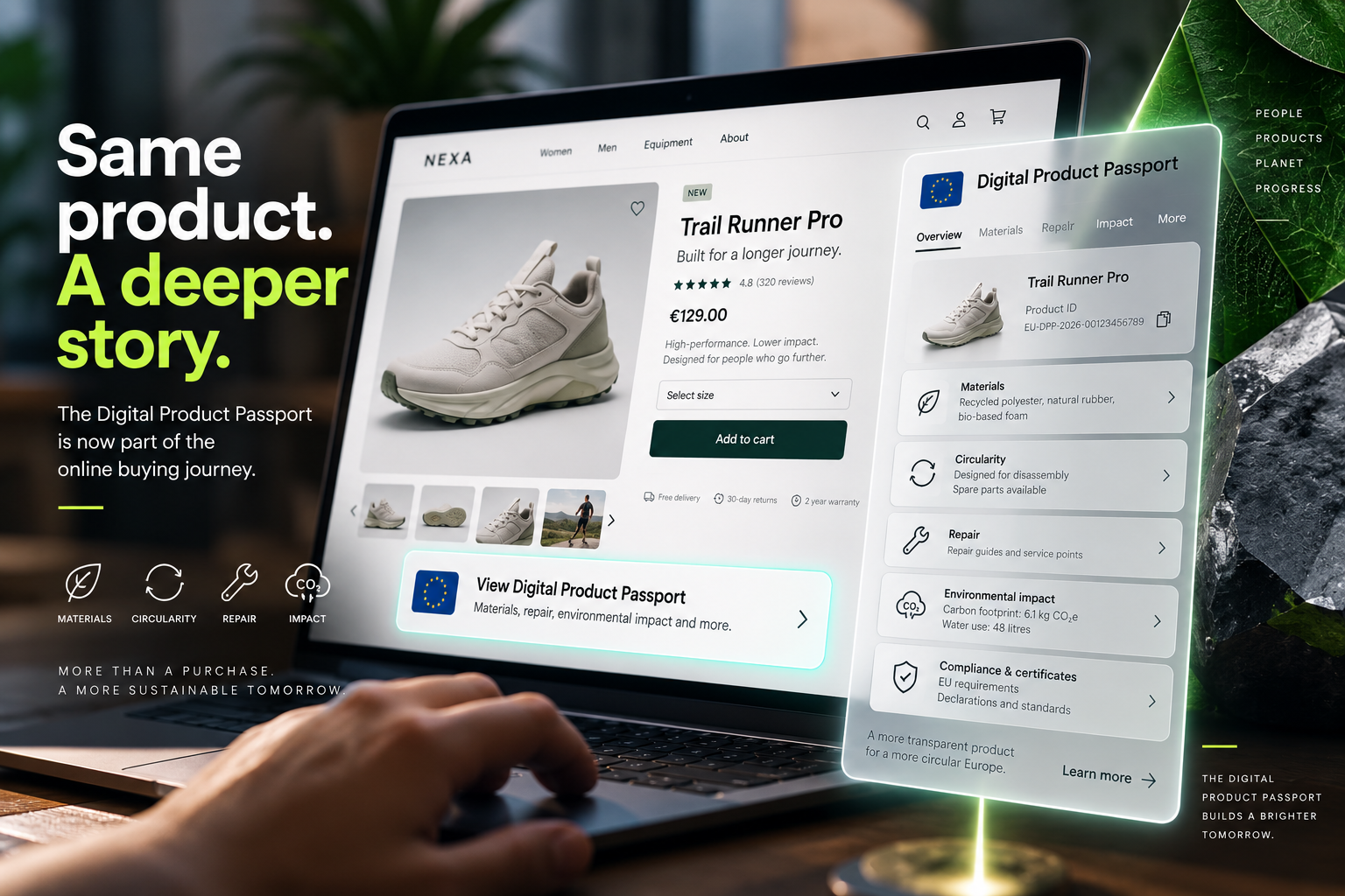 Digital Product Passport integrated into an online product page, showing product information available to a customer before purchase.