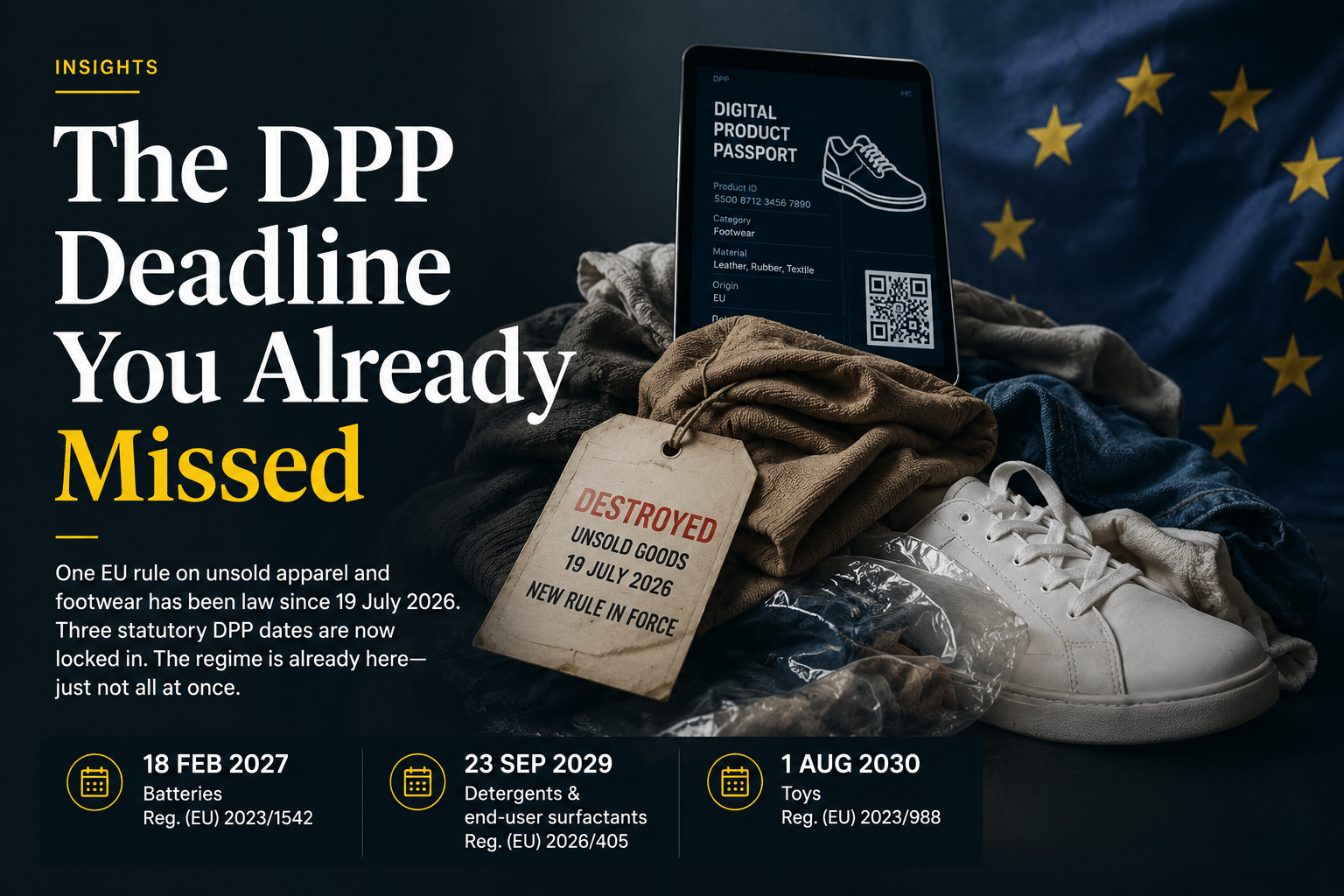 Editorial image showing premium apparel and footwear with Digital Product Passport tags, alongside an EU-themed backdrop and the headline “The DPP Deadline You Already Missed.”