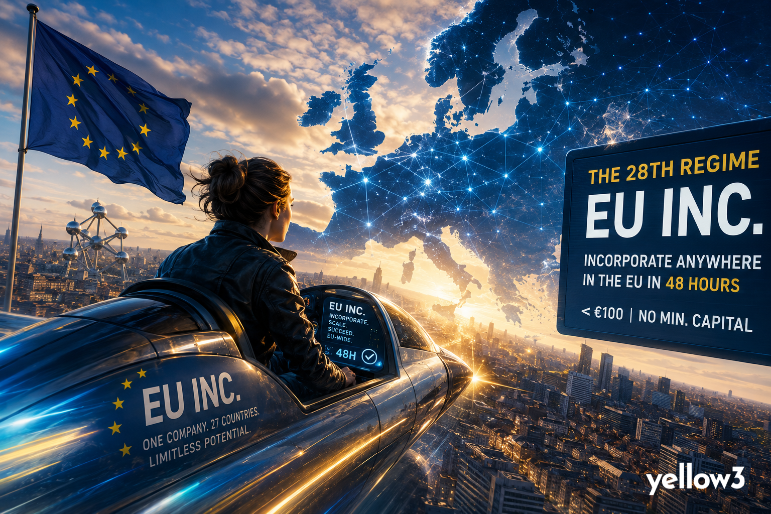 A futuristic European founder pilots a sleek EU Inc. aircraft over Brussels as a glowing digital map of Europe and startup incorporation billboard symbolize the 28th regime, faster company formation, and a new runway for European entrepreneurs.