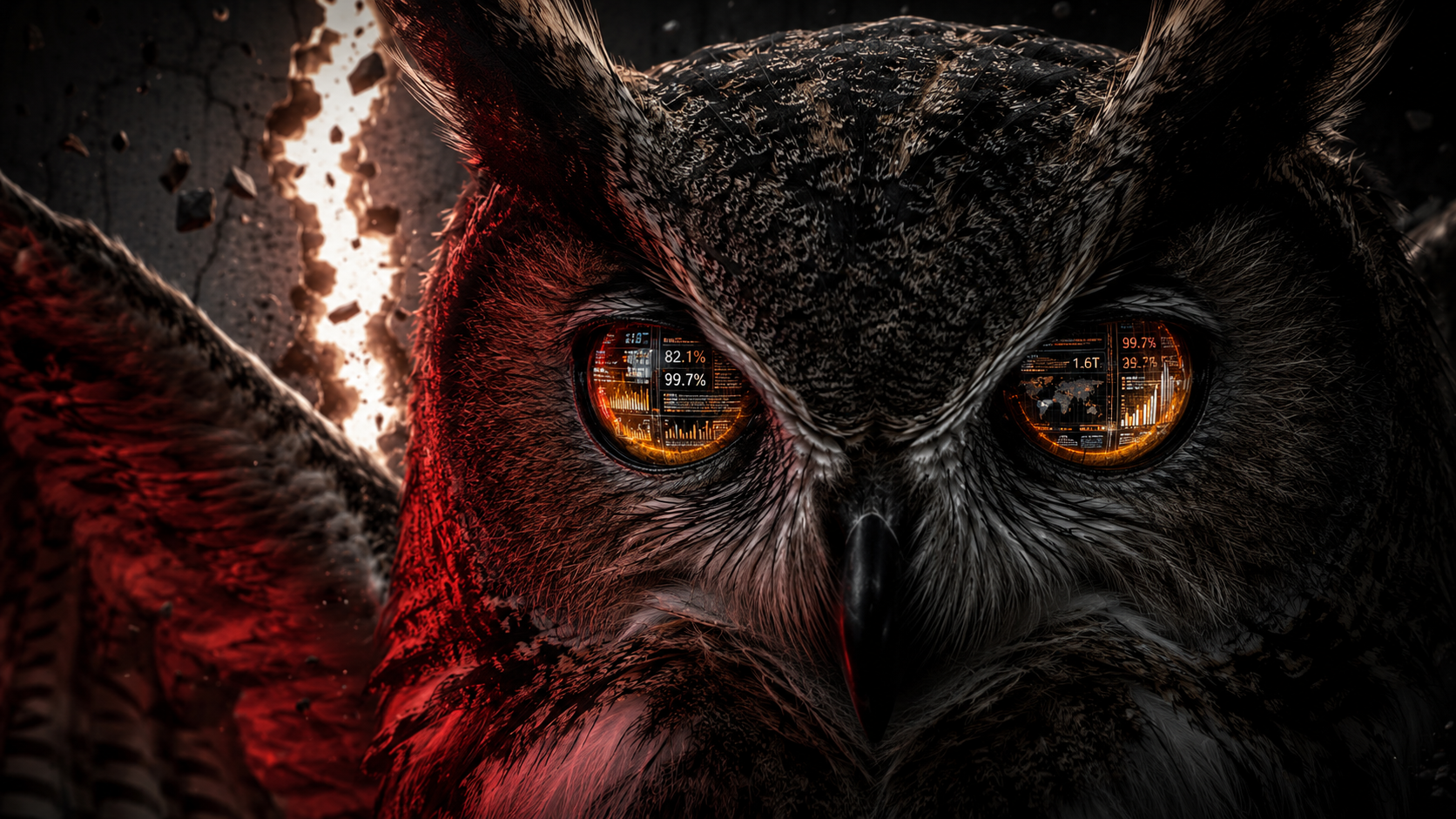A towering owl dominates the frame, staring directly at the viewer with an unblinking, confrontational gaze. Its amber eyes are alive with dense reflections of glowing server racks, streaming data, charts, and digital telemetry, suggesting an intelligence processing information at an unimaginable scale. Cold red light carves across one half of its face while the other disappears into deep shadow, revealing every feather in razor-sharp detail. Behind the owl, a massive concrete wall has cracked open, releasing a brilliant burst of light that hints at something vast emerging from behind it. Dust and debris hang motionless in the air, reinforcing the sense of a decisive moment. The composition feels like the cover of a major international news magazine, iconic, cinematic, and impossible to ignore.