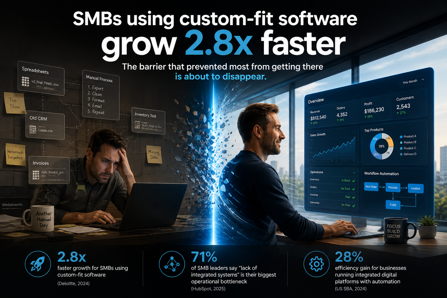 A founder moves from a dark, cluttered workspace filled with disconnected spreadsheets, manual processes, old CRM tools, invoices, and workarounds into a bright modern office with a custom software dashboard showing growth, automation, sales, customers, inventory, and operations. The image visualizes how SMBs using custom-fit software can grow 2.8x faster by replacing fragmented generic tools with integrated systems built around their business.